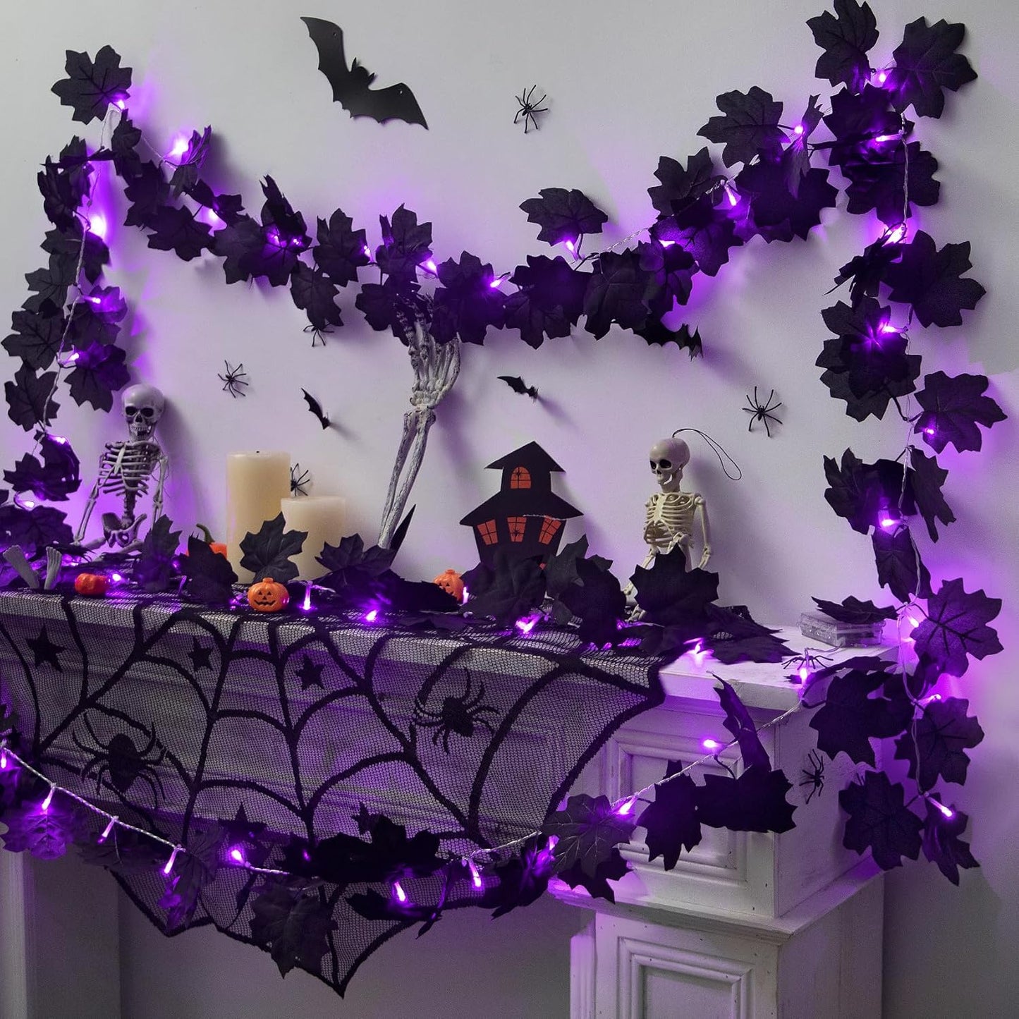 Ouddy Decor 2 Pack Lighted Black Garland Decorations, Total 20 Ft 60 Led Fall Lights Maple Leaves Battery Operated for Indoor Outdoor Thanksgiving Front Door Decor, Purple