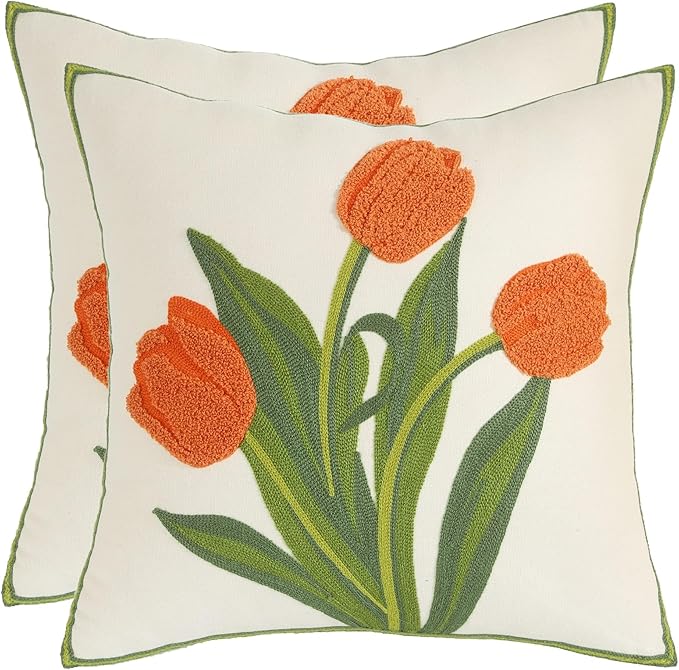 Embroidery Throw Pillow Covers 16x16 inch Pack of 2 Orange Tulip Flower Pillowcases Spring Summer Pillow Covers for Couch Cotton Canvas Cushion Cover Square Farmhouse Floral Decor Pillow Case