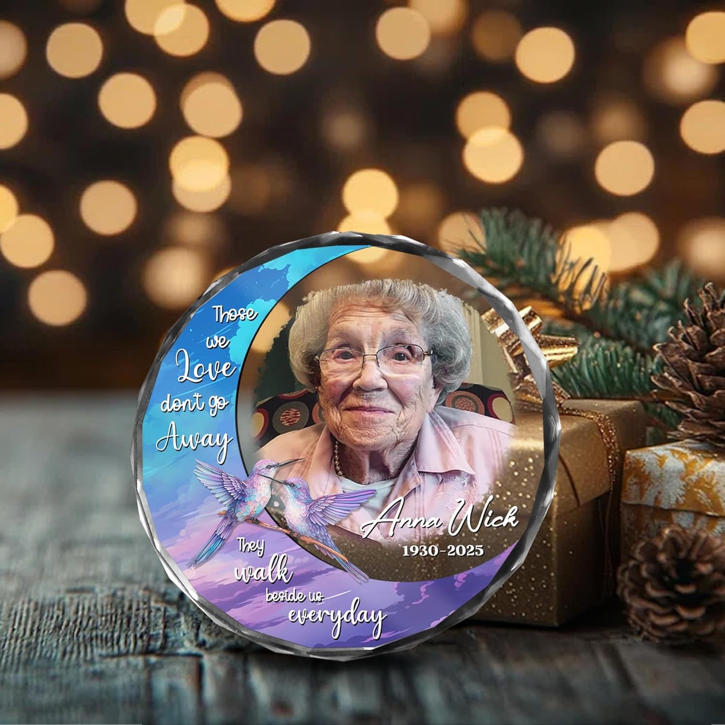 Personalized Memorial Hummingbird Glass Ornament – in Loving Memory of Anna Wick – Custom Photo, Name, Birth Year & Passing Year – “Those We Love Don’t Go Away” Memorial Keepsake
