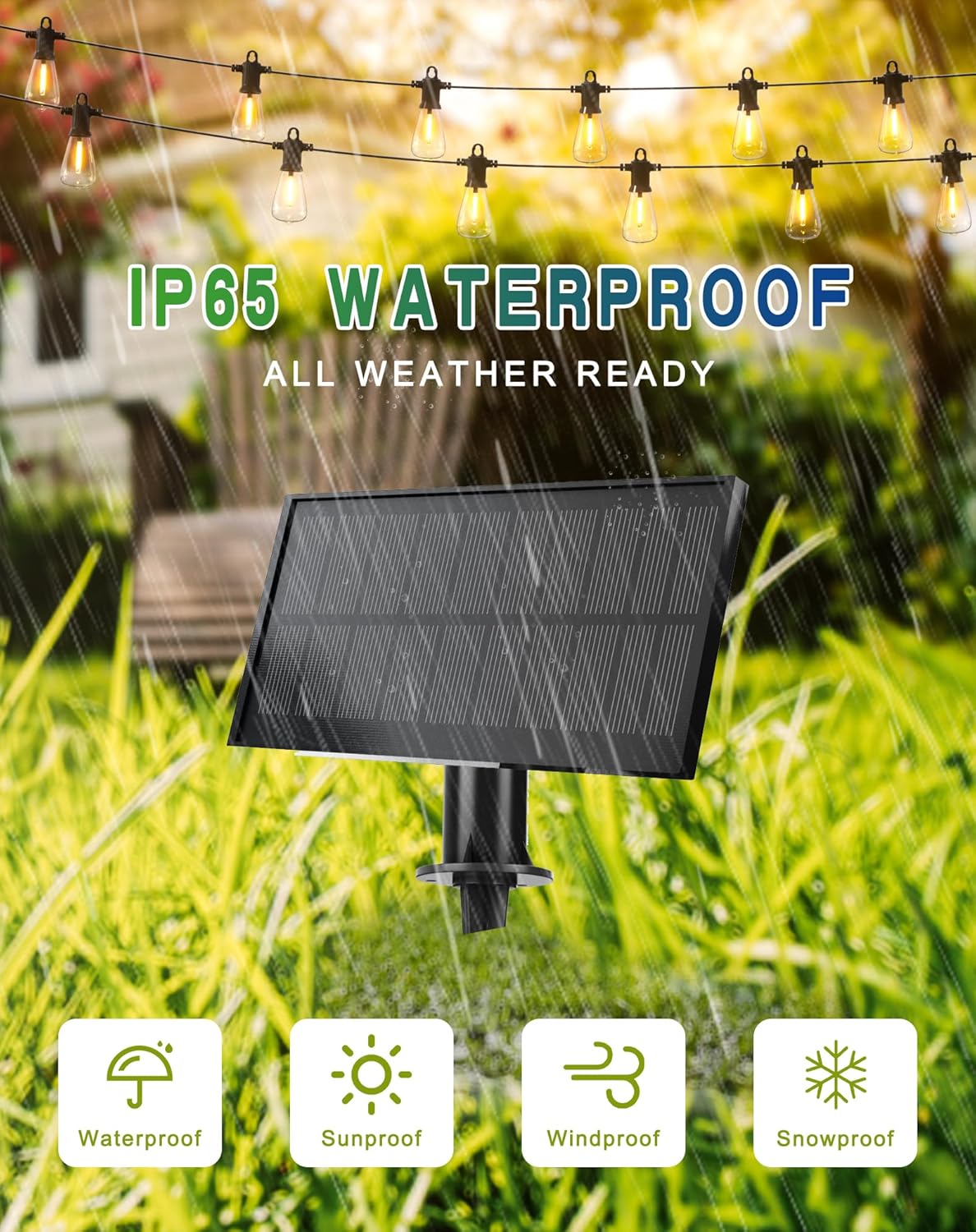 Solar String Lights Outdoor Waterproof 50FT with USB Port and 27 Shatterproof ST38 Bulbs(2 Spare), LED Solar Powered Patio Lights for Outside, Porch, Backyard, Bistro, Garden, Market - 2200K