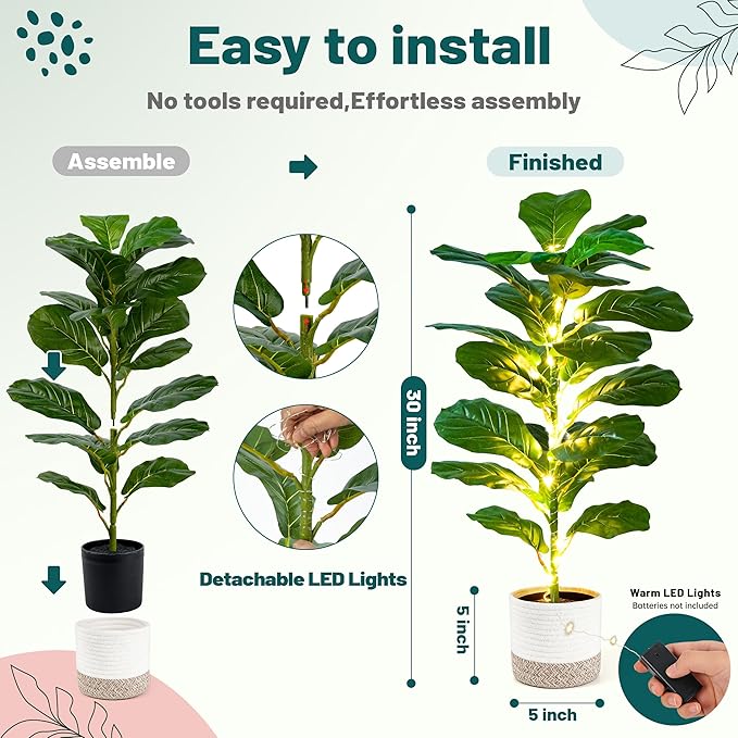 Der Rose 2 Pack 30" Artificial Fiddle Leaf Fig Tree with Warm LED Lights – Battery Powered, Mid-Size Fake Plants for Living Room, Bedroom, Entryway & Home Decor