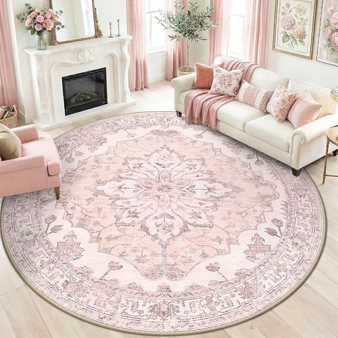 RELEANY Area Rugs 8ft Washable Non-Slip, Floral Vintage Distress Print Pattern Medallion Carpet for Living Room Bedroom Dining Room, Pink Greypink Cute