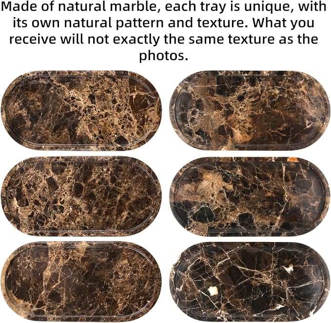 Oval Marble Bathroom Vanity Tray, Natural Luxury Marble Home Kitchen Bathroom Table Tray, Stone Decorative Countertop Tray for Coffee Perfume Jewelry (Dark Brown, 10" x 5" x 0.6")