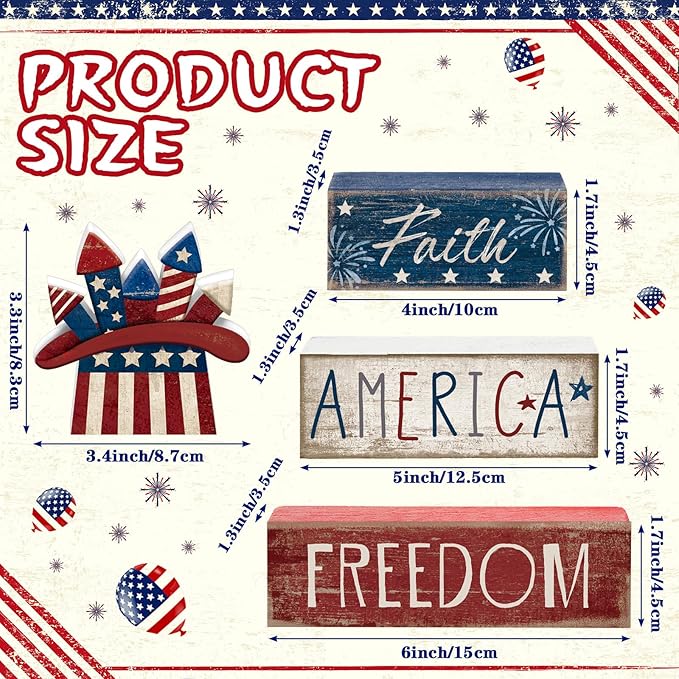 CroBlissful 4 Pcs 4th of July Decorations Patriotic Memorial Day Tabletop Decorations Red White Blue Table Centerpieces Sign for Office Tiered Tray Home Shelf 250th Anniversary(Independence Day Hat)