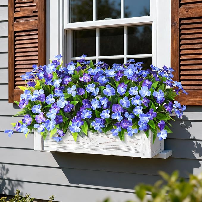 Artificial Impatiens Flowers for Outdoors, 6 Bundles Silk Fake Flowers for Spring Summer Decoration, UV Resistant Faux Plants Plastic Bouquet for Home Planter Porch Patio Yard Decor(Double Blue)