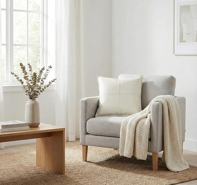 Genuine Leather Pillow Cover Case for Lumbar Throw Couch Pillows - Farmhouse Decorative Modern Sofa Thick & Soft Cushion Covers (White, 20" x 20")