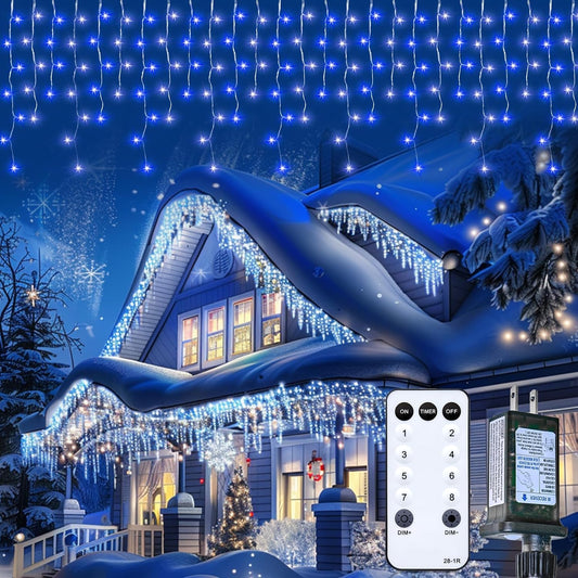 Icicle Outdoor Christmas Lights, 40Ft. 432 LED with 81 Drops, Dimmable Twinkle Fairy with Remote and Timer for House Holiday Decorations, Blue and White
