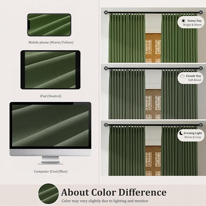 Pinch Pleated Linen Curtains 84 Inch, 2 Panels Premium 400GSM Memory Trained Semi Sheer Light Filtering Window Drapes for Living Room Bedroom Dining, Back Tab & Adjustable Hooks Rings, Olive Green