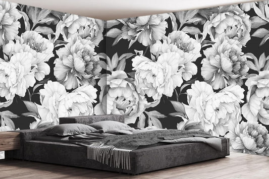 Black and White Peonies Wallpaper Watercolor Floral Mural Wallpaper for Bedroom Living Room (Not Peel n' Stick)