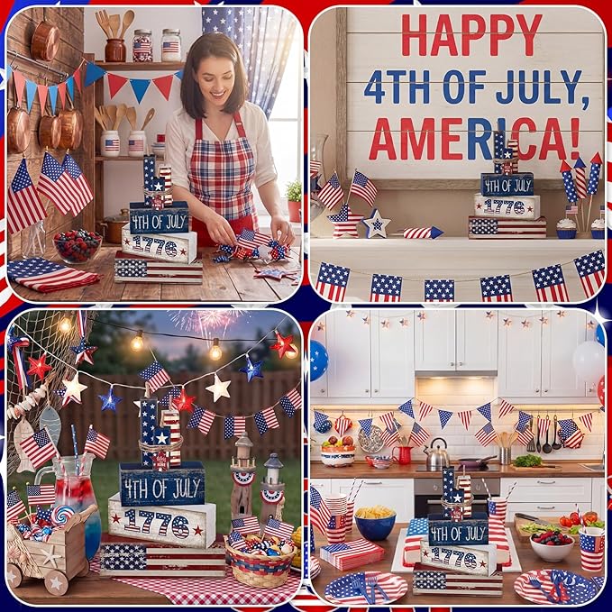 CroBlissful 4 Pcs 4th of July Decorations Patriotic Memorial Day Tabletop Decoration Red White Blue Table Centerpieces Sign for Office Tiered Tray Home Shelf 250th Anniversary(1776)
