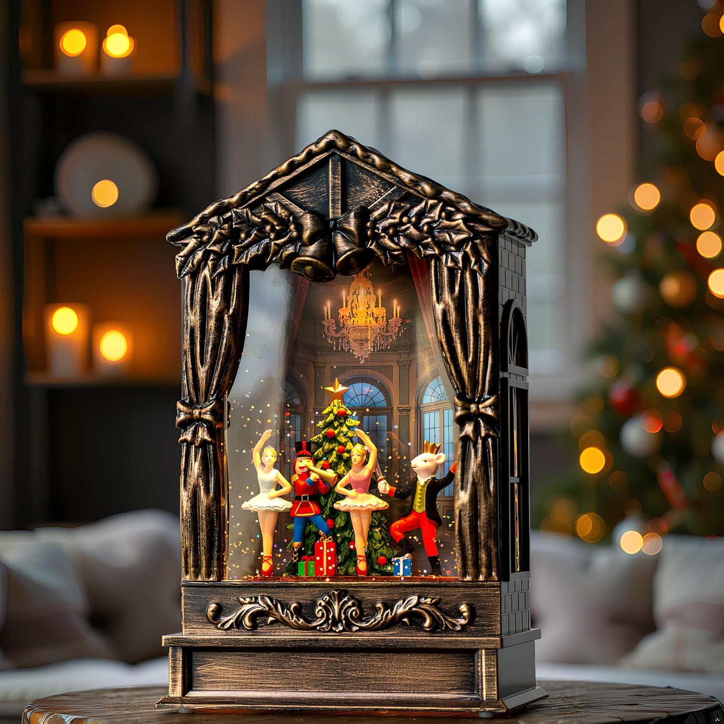 Christmas Snow Globe Lantern Water Glittering Nutcracker Ballet Theatre with Music & Timer, USB Lined/Battery Operated Lighted Lantern for Christmas Festival Decoration Gifts