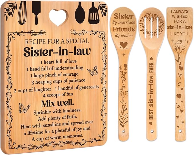 Gifts for Sister in Law - "Recipe for a Special Sister-in-Law", Sister in Law Birthday Gifts Engraved Bamboo-Made Cutting Board Set, Mothers Day Gifts for Sister in Law.