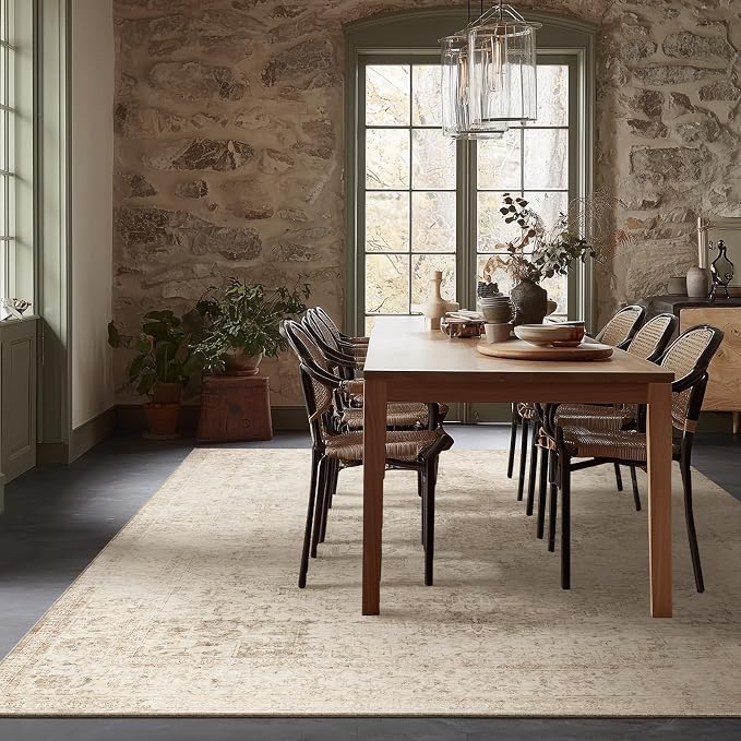 Machine Washable Rugs for Living Room: 8x10 Area Rugs for Bedroom Ultra Soft Non-Slip Low Pile Vintage Distress Boho Large Carpet for High-Traffic Dining Room - Farmhouse Decor