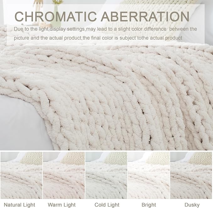 Chunky Knit Throw Blanket 60x80, 100% Handmade Chenille Yarn | 6.7lbs Soft Thick Cable Knitted Blankets, Large Rope Knot Crochet Throws for Couch Sofa Bed Machine Washable, Cream White