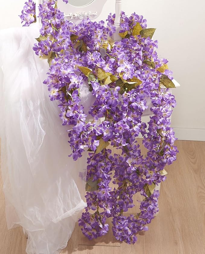 PONKING Flower Garland, Artificial Hydrangea Vine Flowers, Hanging Fake Hydrangeas Vine for Room Anniversary Wedding Birthday Christmas Wall Arch Decor, 2 Pcs, Floral Garland, Purple Flower