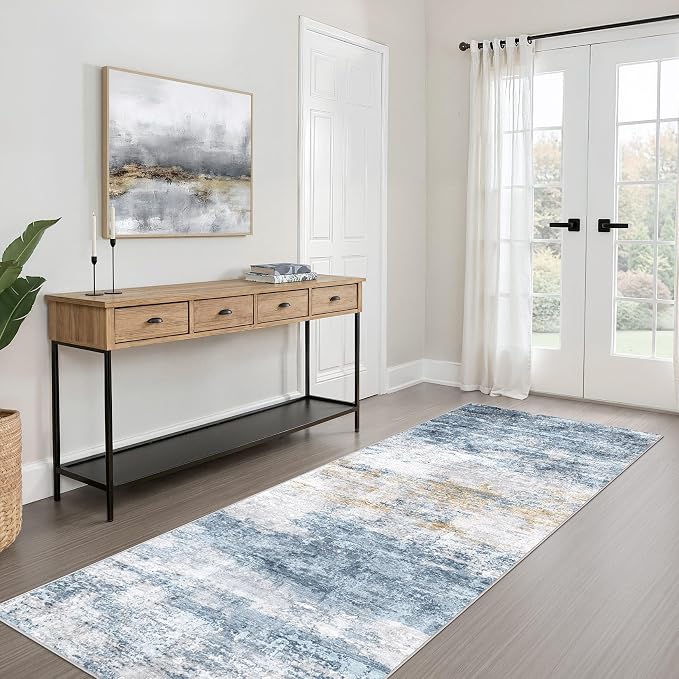 Runner Rug Non-Slip Kitchen Rug: 2x6 Washable Abstract Modern Soft Stain Resistant Indoor Floor Neutral Accent Throw Carpet for Hallway Bathroom Laundry Room Bedroom Entryway- Blue Gold