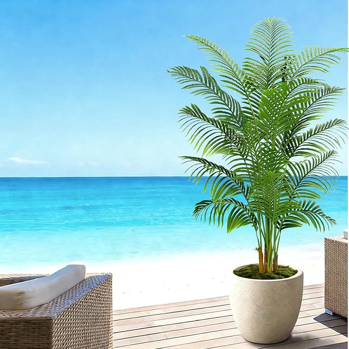 2 Pack Artificial Palm Tree Indoor Plant 7FT Tall Fake Tropical Palm Tree in Pot, Real Bark Design Faux Areca Palm Tree for Home Office Living Room Bedroom Farmhouse Modern Outdoor Topiary Tree