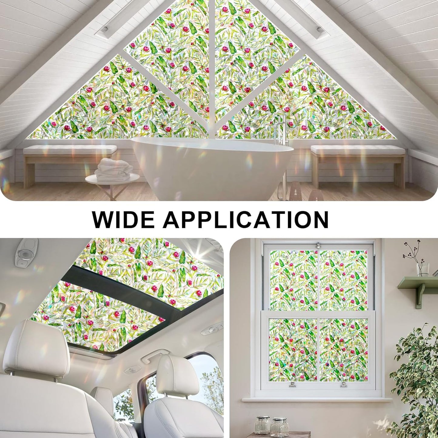 Rainbow Window Privacy Film 3D Floral Decorative Stained Glass Window Film Anti UV Non-Adhesive Reusable 17.5" x 157.4" for Home Room Car Glass Cling