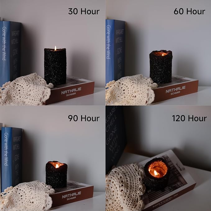 MOZEAL Hand-Poured Granular Texture Decorative Black Pillar Candles Set of 3 (3"x4", 5", 6"),Approx 300 Hours Burn Time Dripless, Unscented, Smokeless, for Halloween