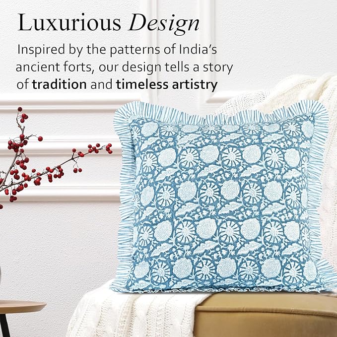 CPC Blue Meadow Hand Block Print 100% Cotton Ruffle Throw Pillow Cover 24x24 inch with Hidden Zipper Decorative for Couch, Bed, Sofa, Farmhouse, Cottagecore Decor Gift Christmas Fall Thanksgiving