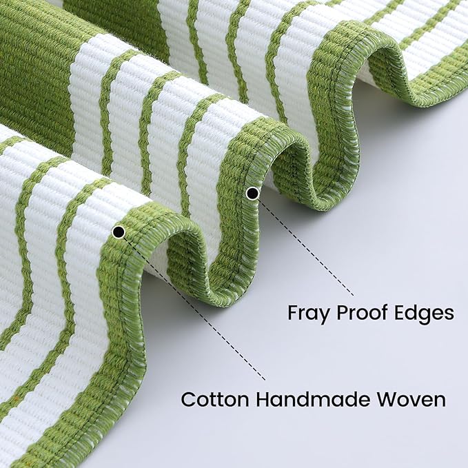 OLANLY Green and White Classic Striped Rug 2' x 4'3" (24" x 51") – Washable Cotton Indoor Outdoor Doormat for Front Door, Entryway, Kitchen, Porch, Patio Decor