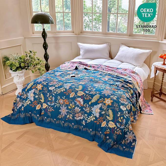 MSGKV Boho Throw Blanket for Bed 60"x80" 100% Cotton Twin Floral Blanket Summer Breathable Lightweigh Muslin Home Decorative Blankets for Couch