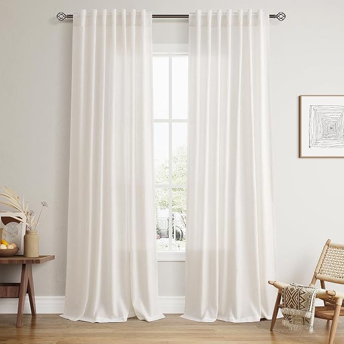 Nanspring Ivory White Linen Curtains 50 x 96 inches Long Living Room Back Tab Rod Pocket Semi Sheer Curtain Boho Privacy Light Filtering Thick Linen Drapes for Bedroom, Ivory White, Set of 2 Panels