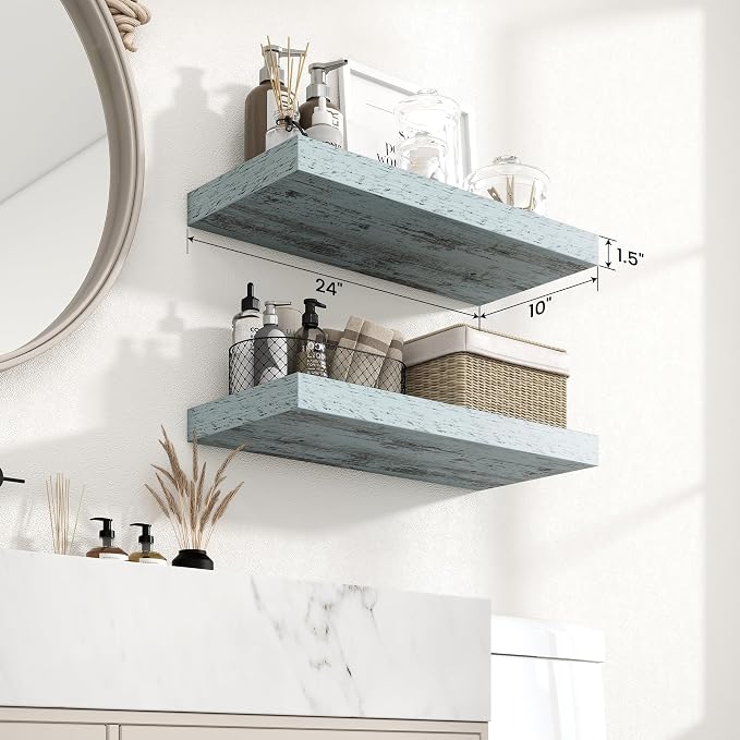 Axeman 24Inch Floating Shelves for Wall, 2 Pack Shelves for Bedroom, Bathroom, Kitchen, Hanging Wall Mounted Rustic Wood Shelf with Invisible Brackets for Books Decor, Rustic Blue