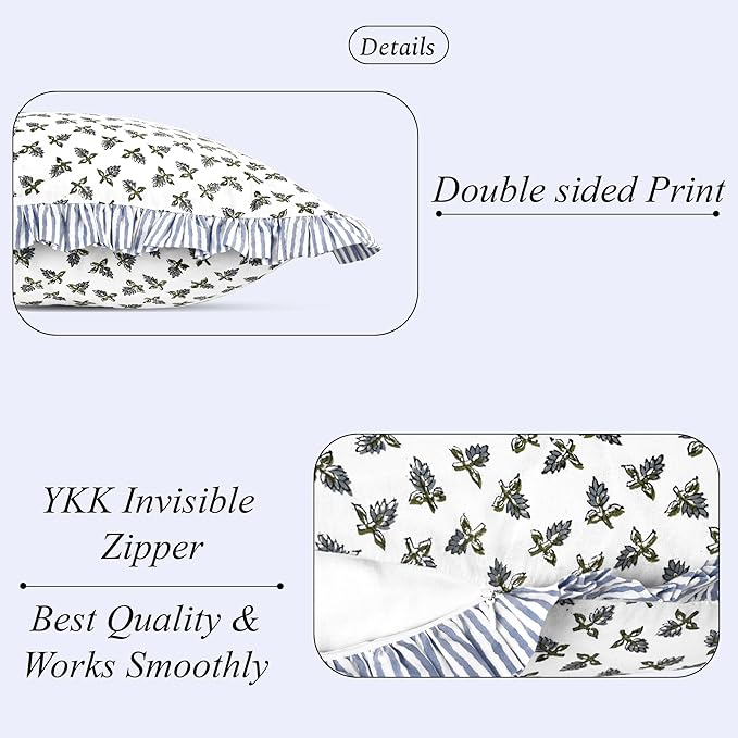 Ridhi Block Print Baby Blossoms Throw Pillow Cover 20" x 20" (Pack of 2) Decorative Cushion Covers with Ruffle for Couch, Sofa, Bed, Living Room, Home Decor Gift for Spring, Easter, Valentine