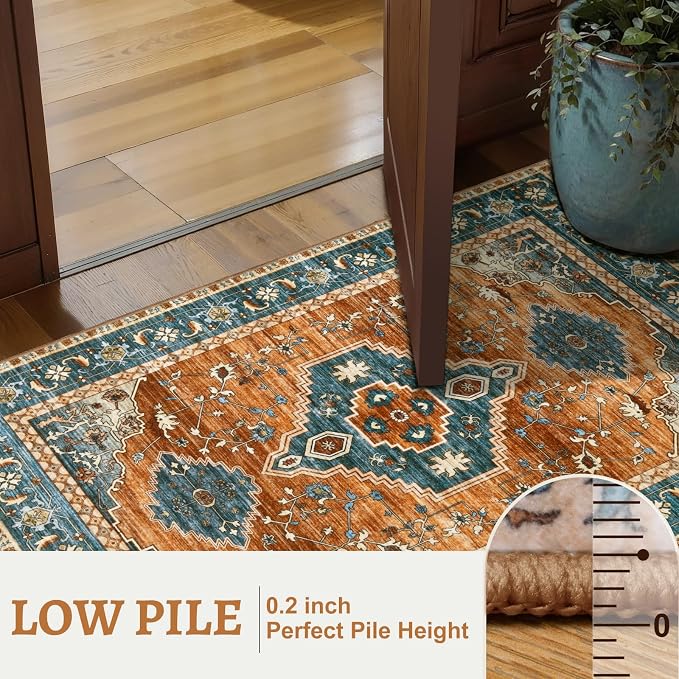 Tangsoo Vintage 5X7 Washable Area Rug, Oriental Indoor Dining Room Rugs for Under Table, Non Slip Machine Washable Large Tumble Rug, Soft Low Pile Foldable Carpet for Bedroom Living Room Orange Blue