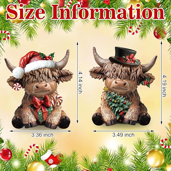 Karenhi 2 Pcs Christmas Highland Cow Decor, 2026 Funny White Elephant Gifts, Resin Highland Cow Figurines Gnomes Scottish Statue Calf with Xmas Tree for Home Garden Kitchen Office Table Decorations