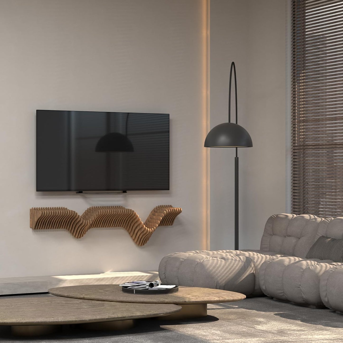 Parametric 40 inch Floating Shelf TV Unit Modern Geometric Wooden Wall Piece Decor Natural Oak Color 3D Wavy Living and Gaming Room Shelf