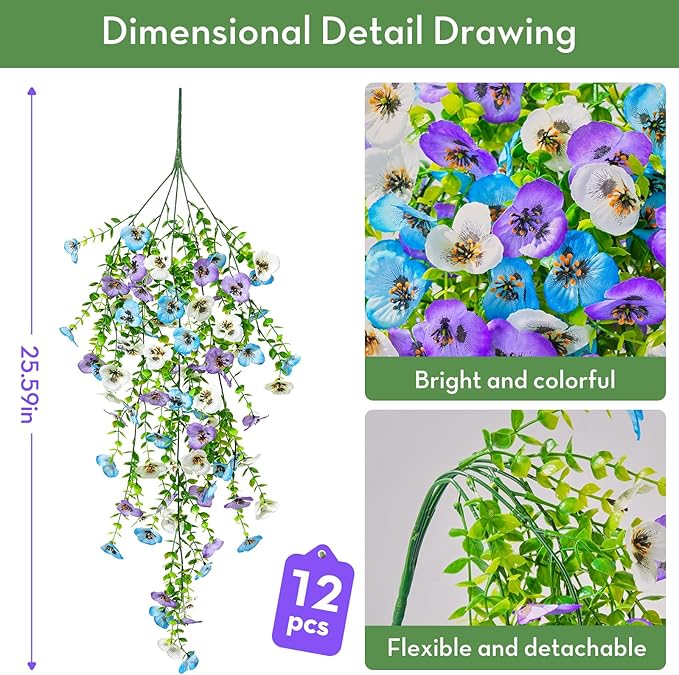 Serwalin Artificial Fake Hanging Flowers for Outdoors Planters,12PCS UV Resistant Faux Pansy Spring Flowers for Outside Porch Patio Garden Window Box (Blue Purple White)