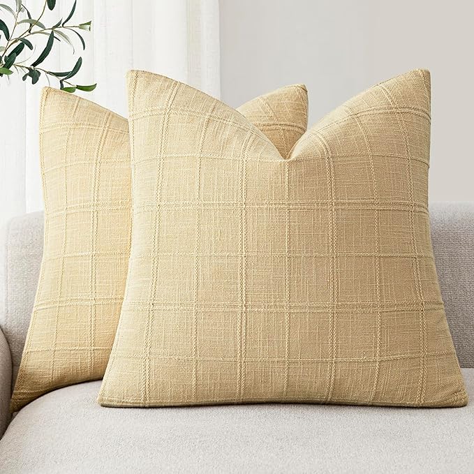 Foindtower Set of 2 Decorative Linen Check Throw Pillow Covers Neutral Farmhouse Vintage Cushion Covers Modern Coastal Boho Home Decor for Sofa Chair Couch Bedroom Living Room,26×26 Inch,Light Yellow