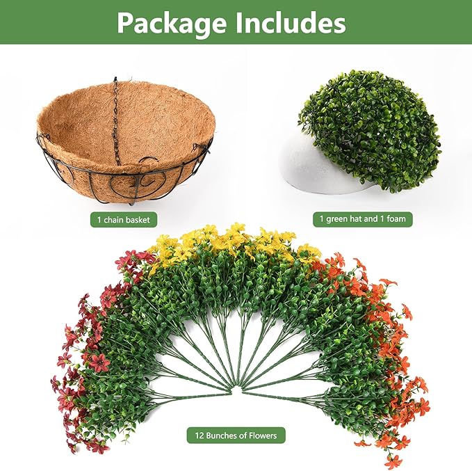 Artificial Flowers Fake Hanging Basket for Outdoor Spring Summer Decoration, 12 Bundles Faux Hanging Plants UV Resistant, Realistic Silk Flower for Outside Planters Porch Patio Balcony Yard Garden