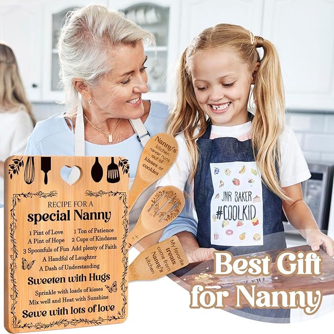 Gifts for Nanny - "Recipe for a Special Nanny" Nanny Gifts Cutting Board Set, Bamboo-Made Engraved Utensil Set Nanny Gifts for Grandma, Mothers Day Gifts for Nanny