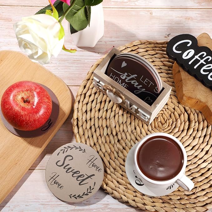 Queekay Coasters Set of 6 House Warming Gifts New Home Wooden Farmhouse Drink Coasters with Holder 4'' Funny Decoration for Kitchen Family Coffee Bar Tabletop Protection(Light Brown)