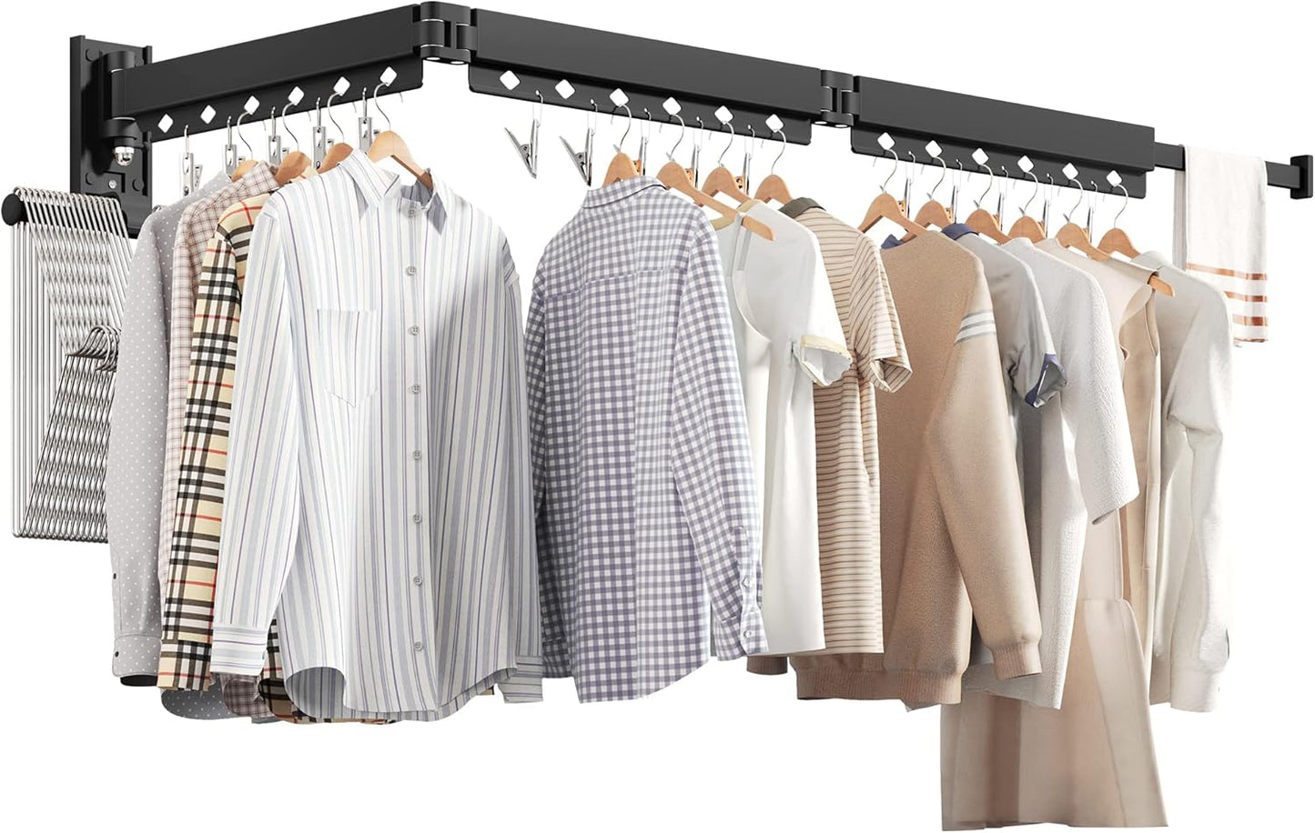 Wall Mounted Clothes Hanger, Aluminum Clothes Drying Rack, Space Saver, Retractable, Windproof Holes, with Clips