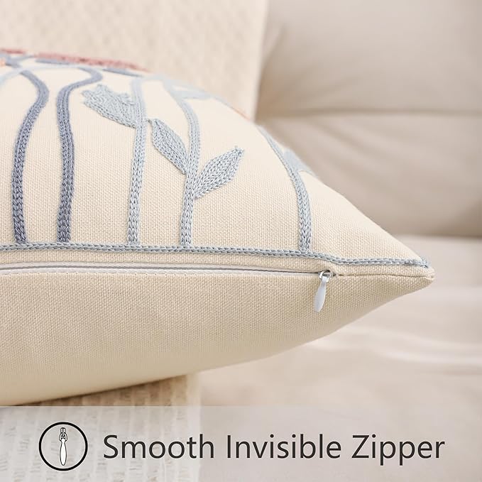 Embroidery Throw Pillow Covers 18x18 Set of 2 Vintage Blowball with Blue Leaves Farmhouse Pillow Cushion Case Decorative Pillowcases Square Rustic Floral Pillow Case Spring Summer Home Decor