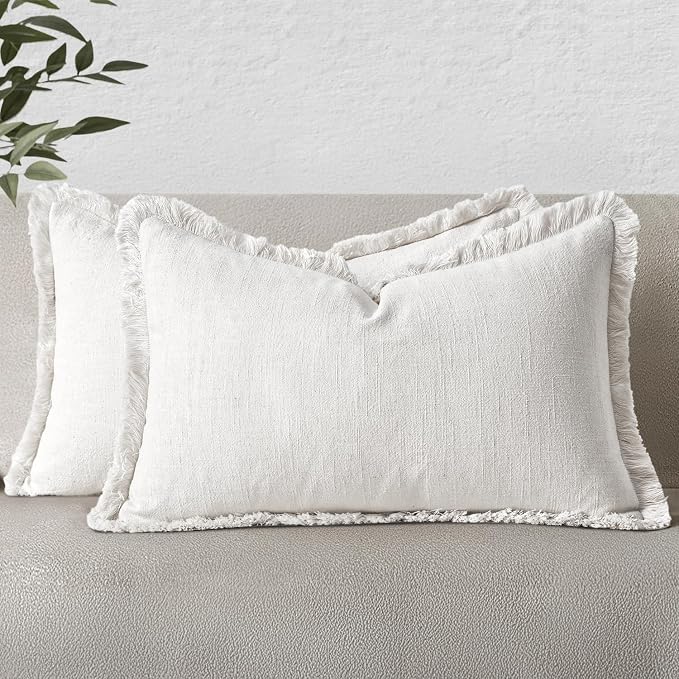 MIULEE Decorative Lumbar Throw Pillow Covers Neutral Linen Fringe Throw Pillows Set of 2 White Boho Farmhouse Cushion Covers with Tassels for Couch Sofa Bed Living Room Spring Decor 12x20 Inch