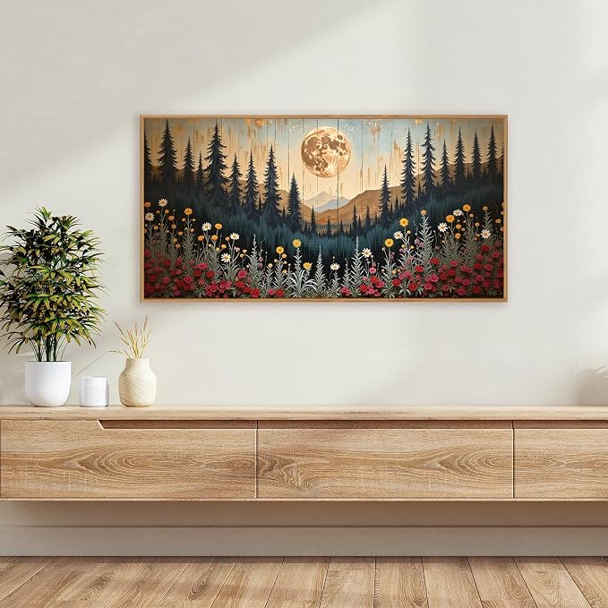 Vintage Moon Forest Framed Canvas Wall Art Set, 20"x40" | Boho Colorful Floral Mountain Nature Landscape Wildflower Pine Tree Modern Art Print Living Room Bedroom Hallway