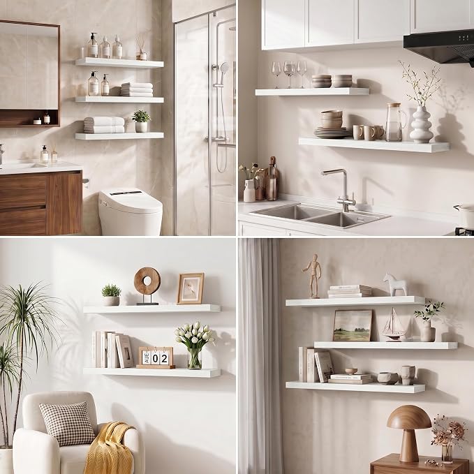 Fun Memories White Floating Shelves for Wall Set of 2, 28" White Floating Shelves for Home Decor, Rustic Wood Wall Mounted Shelf, Hanging Deep Shelf for Living Room, Bedroom, Bathroom, Kitchen