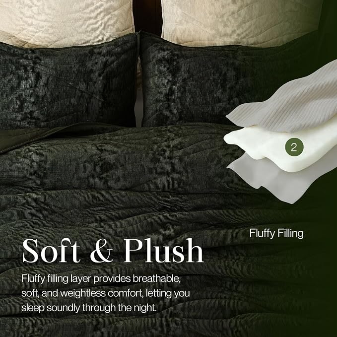 DOWN HOME Crinkle Textured Velvet Quilt Set with Shams, All-Season Luxury Modern Bedding,Easy Care Comforter,Ultra-Soft,Lightweight & Breathable, Cali King, Courtyard Green