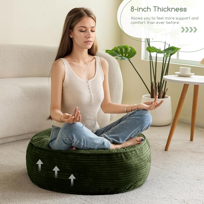 HIGOGOGO 8" Extra Thick Floor Pillow Cushion for Adults, Meditation Cushion Pillow, Large Round Floor Sitting, Tufted Corduroy Cover, for Tatami Living Room or Yoga, 22x22 Inch, 2Pack, Dark Green