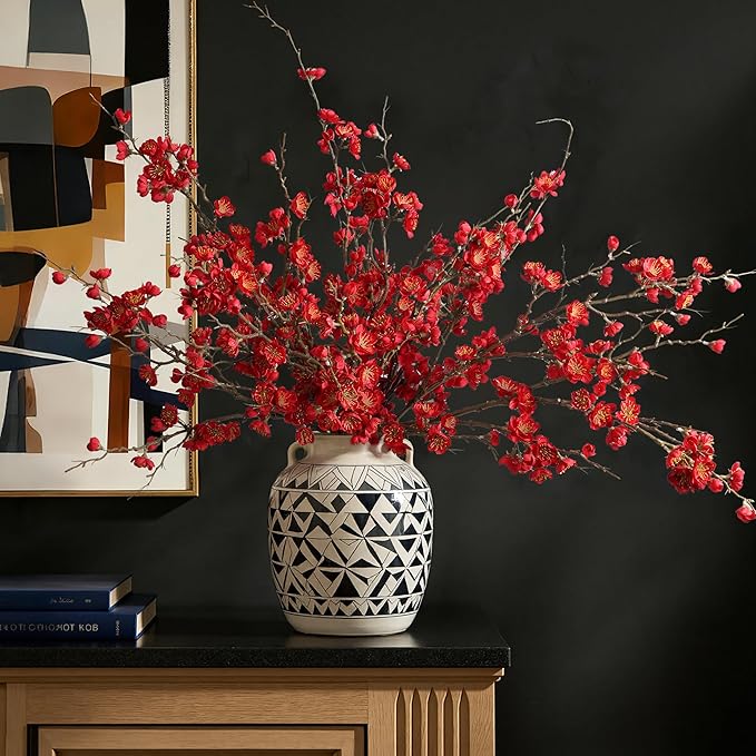 florisso 6 PCS Artificial Cherry Blossom Branches Spring Indoor Decoration, Faux Red Flowers 34.45" Long Stems Fake Plum Peach Plants Real Touch Silk for Wedding Home Bedroom Party Table Office