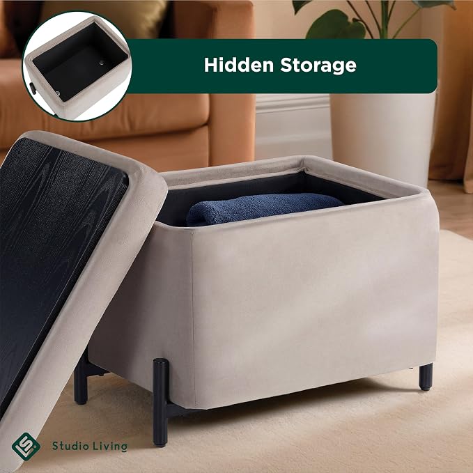 Studio Living® Connor 24" Small Storage Ottoman, Modern Boho, Matte Black Metal Legs, Velvet Fabric, Taupe