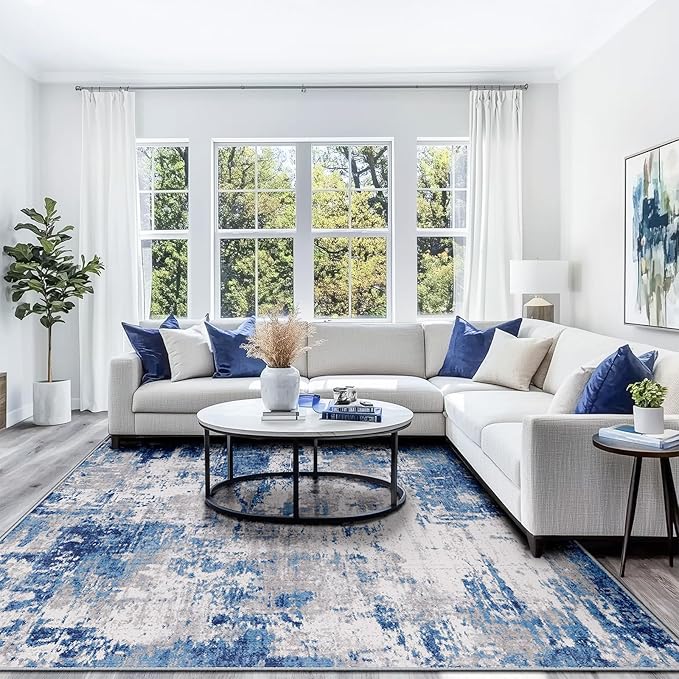 RELEANY Washable Area Rugs 9'x12' Non-Slip Modern Abstract Soft for Living Room Entryway Bedroom, Print Pattern, Blue Grey Navy Gray