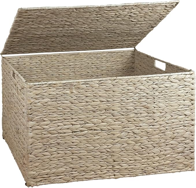 Water Hyacinth Storage Basket with Lid, 52.8 Gallon (200L), White | Large Blanket Storage Basket with Handles, Woven Storage Bin, Foldable, Metal Frame, for Bedroom, Laundry Room, Living Room