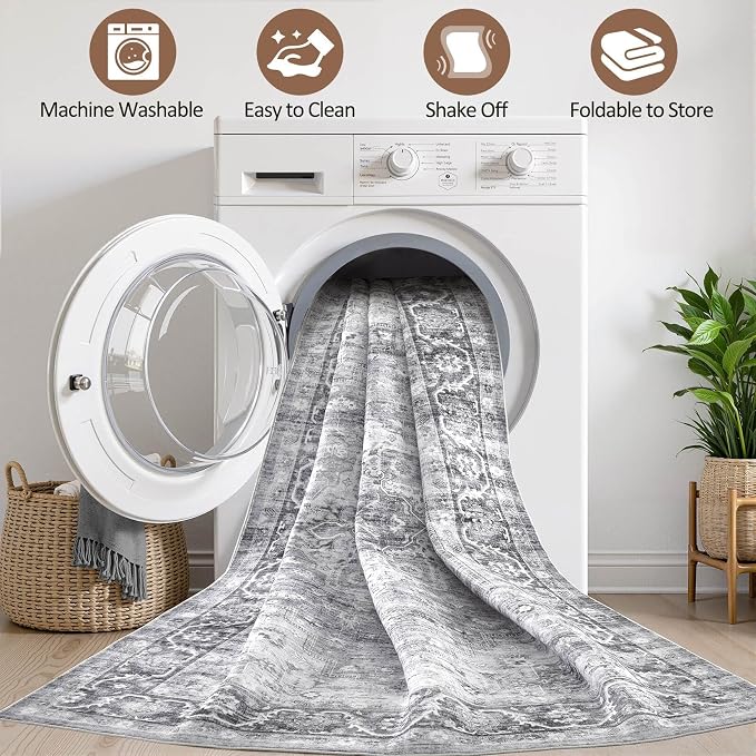 7x10 Area Rug Living Room: Washable Boho Large Neutral Vintage Soft Rug Stain Resistant Farmhouse Non-Slip Indoor Floor Carpet for Bedroom Nursery Kids Playroom Office Dining Room- Gray