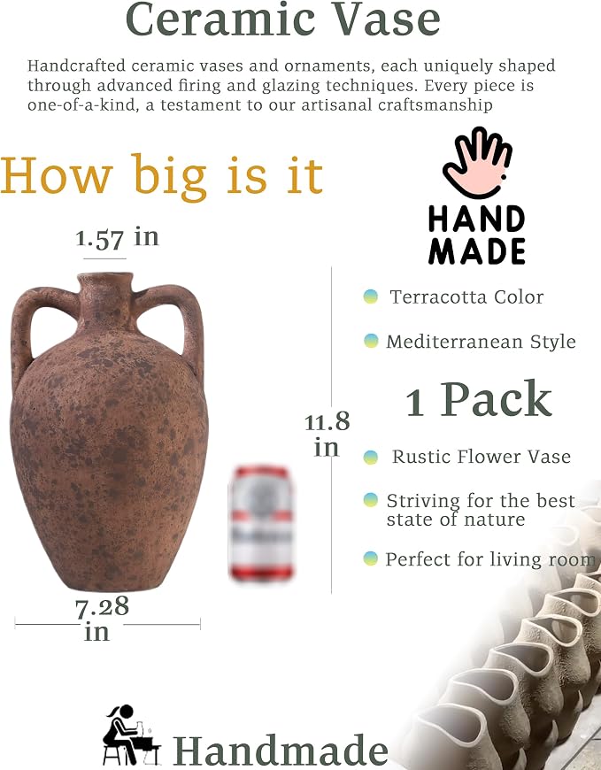 UPWOIGH 11.8in Terracotta Vase with Handles | Rustic Brown Finish, Distressed Ceramic Texture, Amphora Style, Pampas Grass Display, Mediterranean Farmhouse Décor